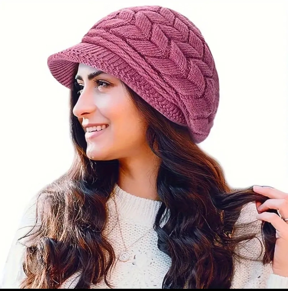 Winter Beanie With Brim, Solid Color Ribbed Knit Hat, Faux Fur Lining - Picture 4 of 9